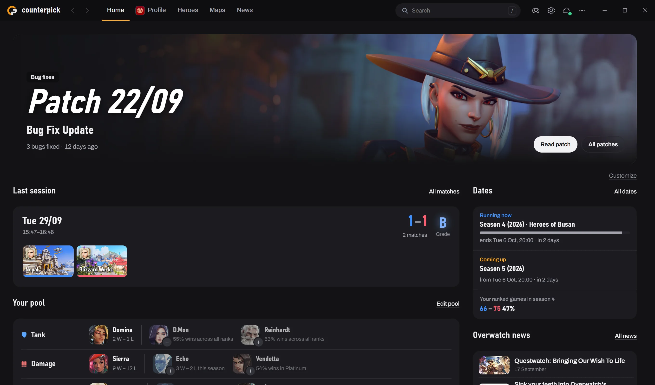 La pestaña Inicio: el parche más reciente arriba, la última sesión con nota B, tu repertorio de héroes con sugerencias, la temporada en curso y la próxima, las noticias de Overwatch y los cambios de los parches en tus héroes.