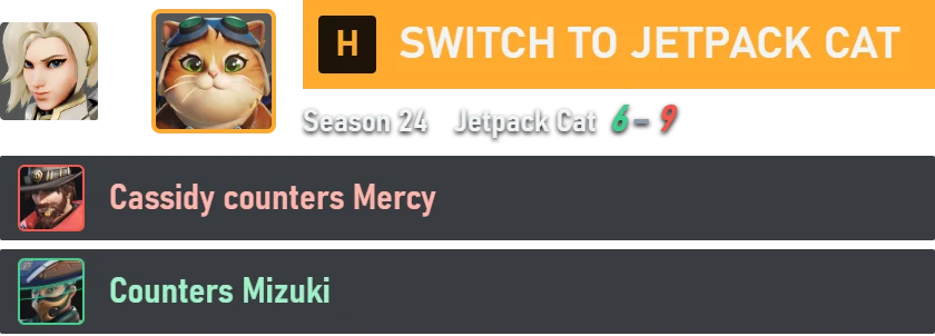 Consejo de cambio tras morir: de Mercy a Jetpack Cat, porque Cassidy contrarresta a Mercy y Jetpack Cat contrarresta a Mizuki.